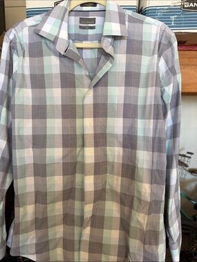 C2 by Calibrate Mint, Light Blue & Gray Plaid Dress Shirt